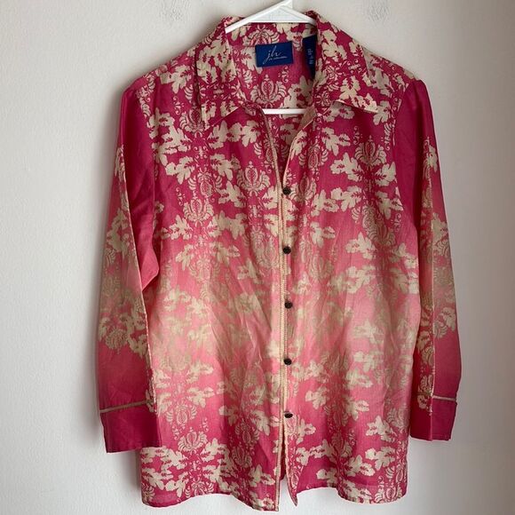 JH Collectibles women artsy Red Cream Floral button down 100% cotton Shirt LG! - Picture 1 of 10
